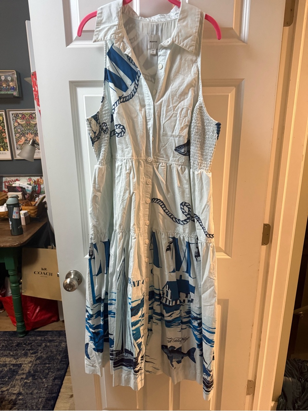 Anthropologie White Maxi Shirt Dress with Blue Nautical Print